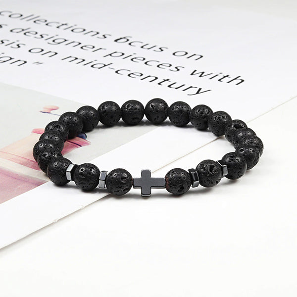 Thompson Luxury Lava-Stein Perlenarmband mit Kreuz “Benny”