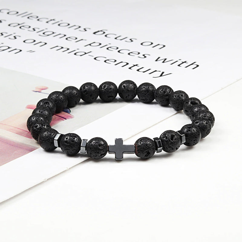 Thompson Luxury Lava-Stein Perlenarmband mit Kreuz “Benny”